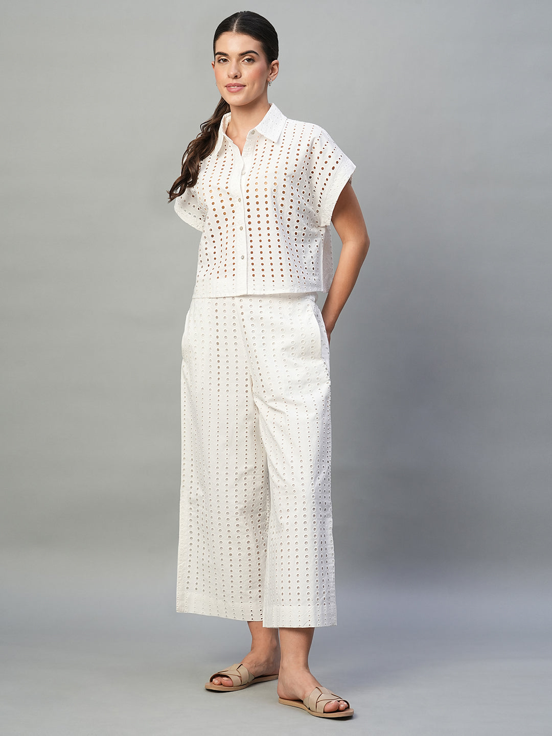 Women's White 100% Cotton Regular Fit Culotte