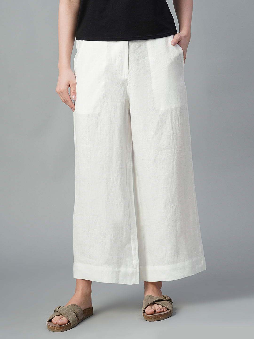 Women's White 100% Linen Relaxed Fit Culotte