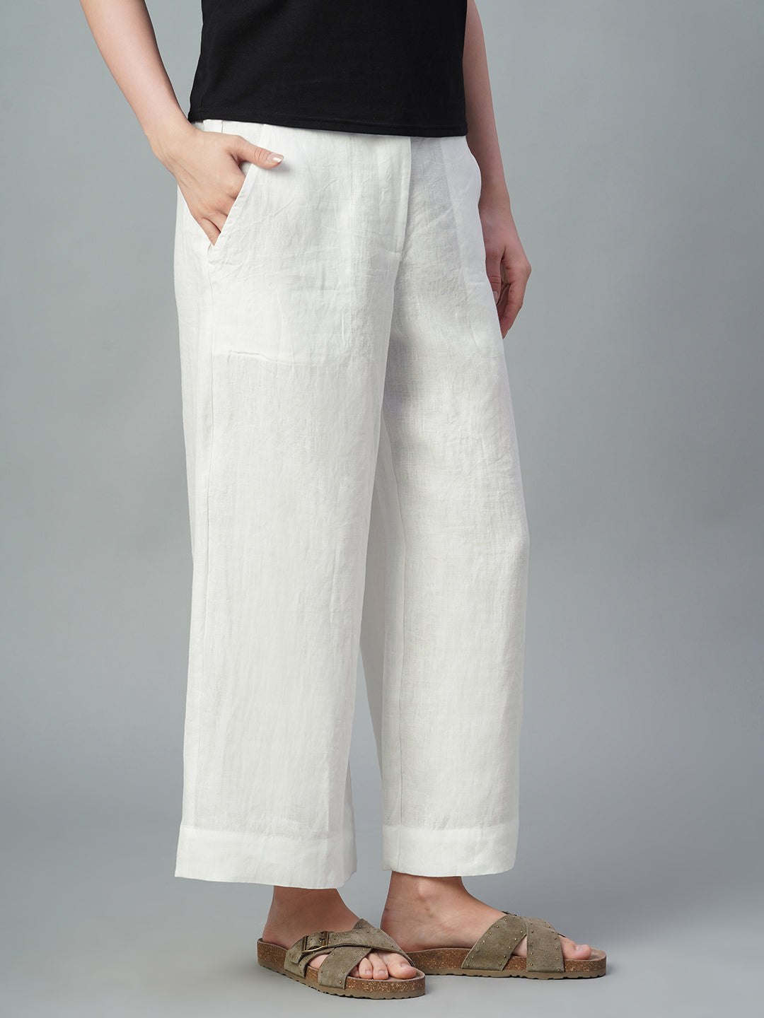 Women's White 100% Linen Relaxed Fit Culotte