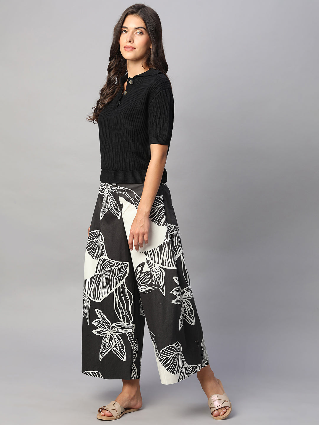 Women's White/Black 100% Cotton Regular Fit Culotte