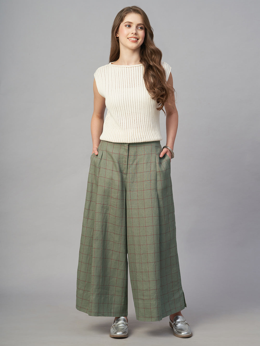 Women's Olive 100% Linen Regular Fit Culotte