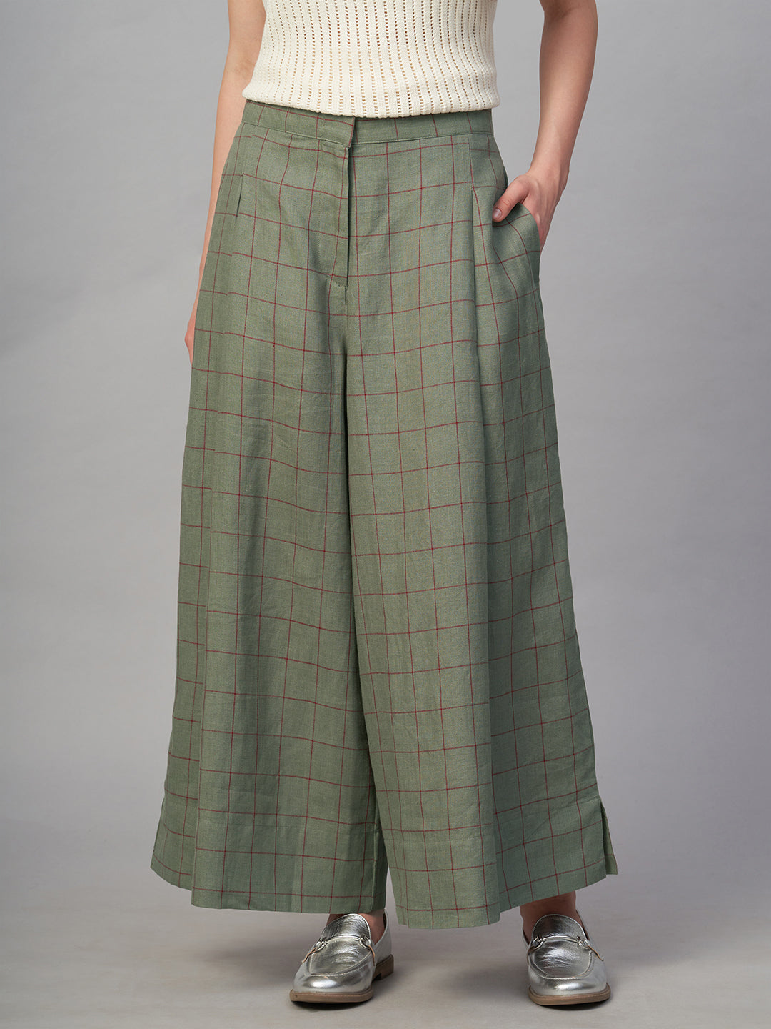 Women's Olive 100% Linen Regular Fit Culotte