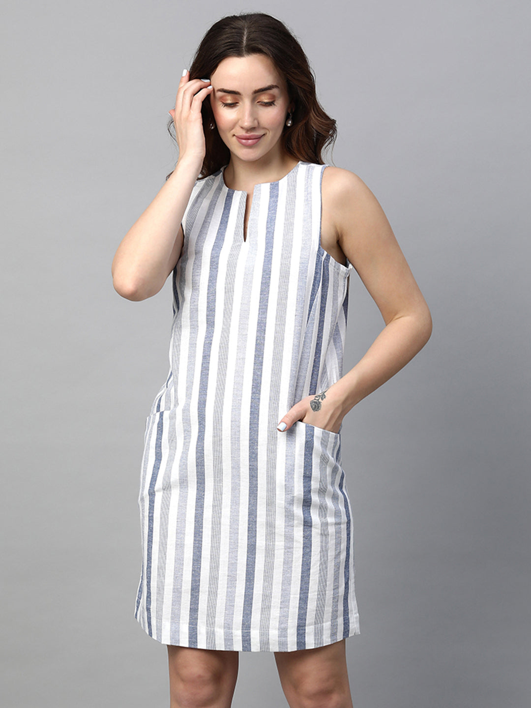 Women's Blue Cotton Linen Regular Fit Dress