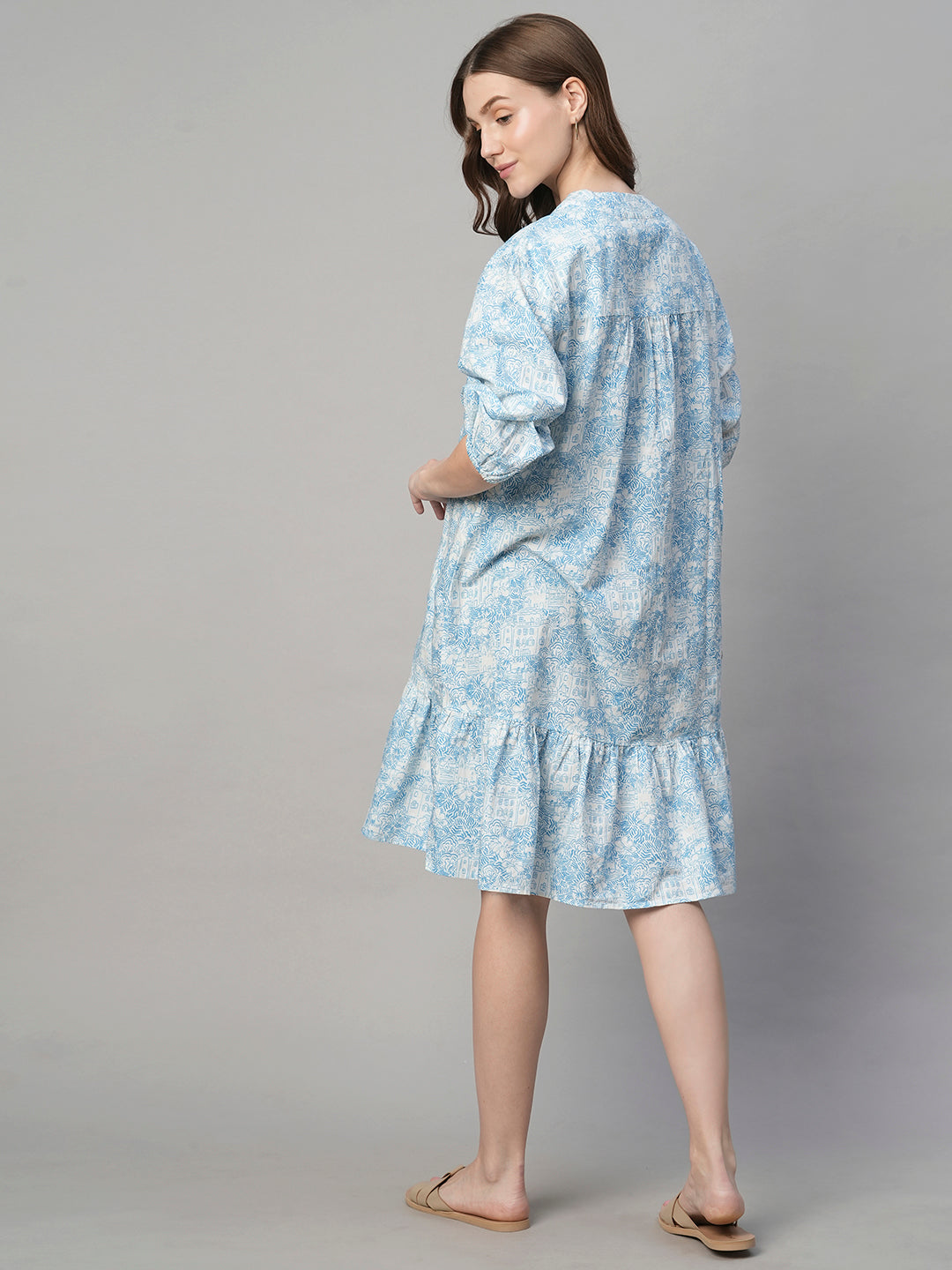 Women's Blue Cotton Linen Boxy Fit Dress