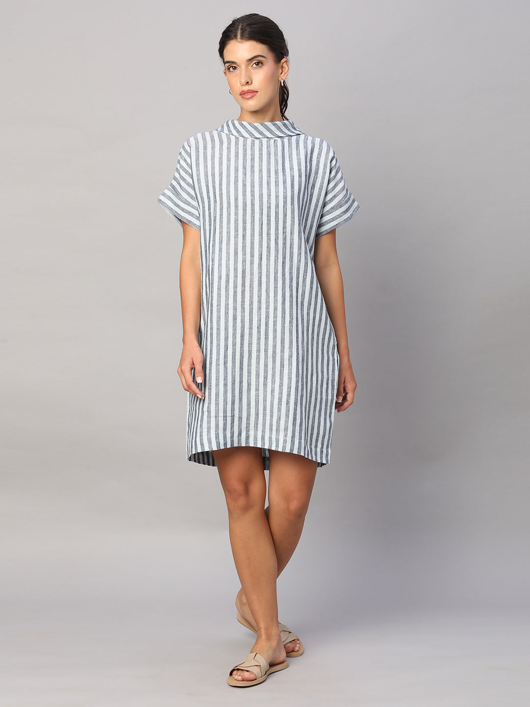 Women's Blue 100% Linen Regular Fit Dress