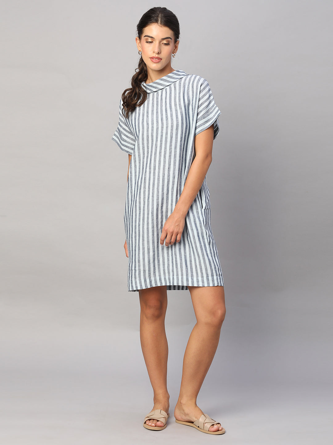 Women's Blue 100% Linen Regular Fit Dress