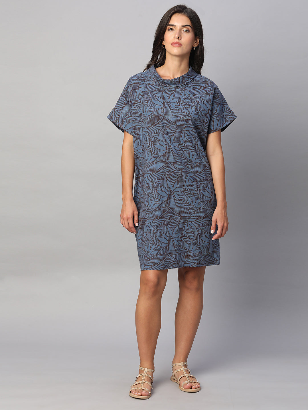 Women's Blue Cotton Flax Regular Fit Dress