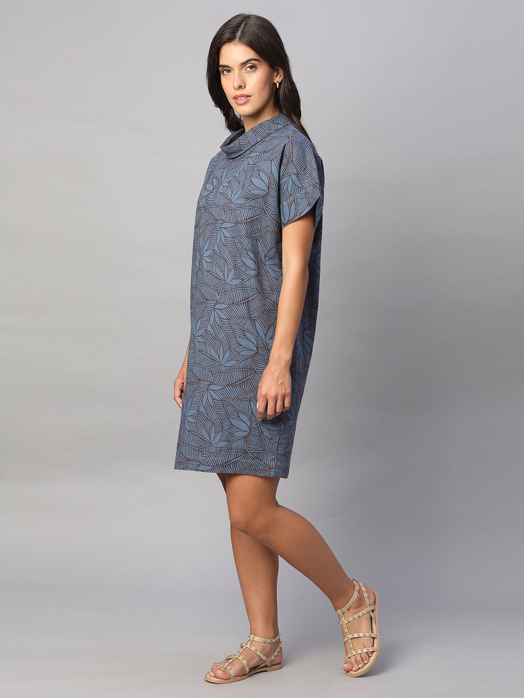 Women's Blue Cotton Flax Regular Fit Dress
