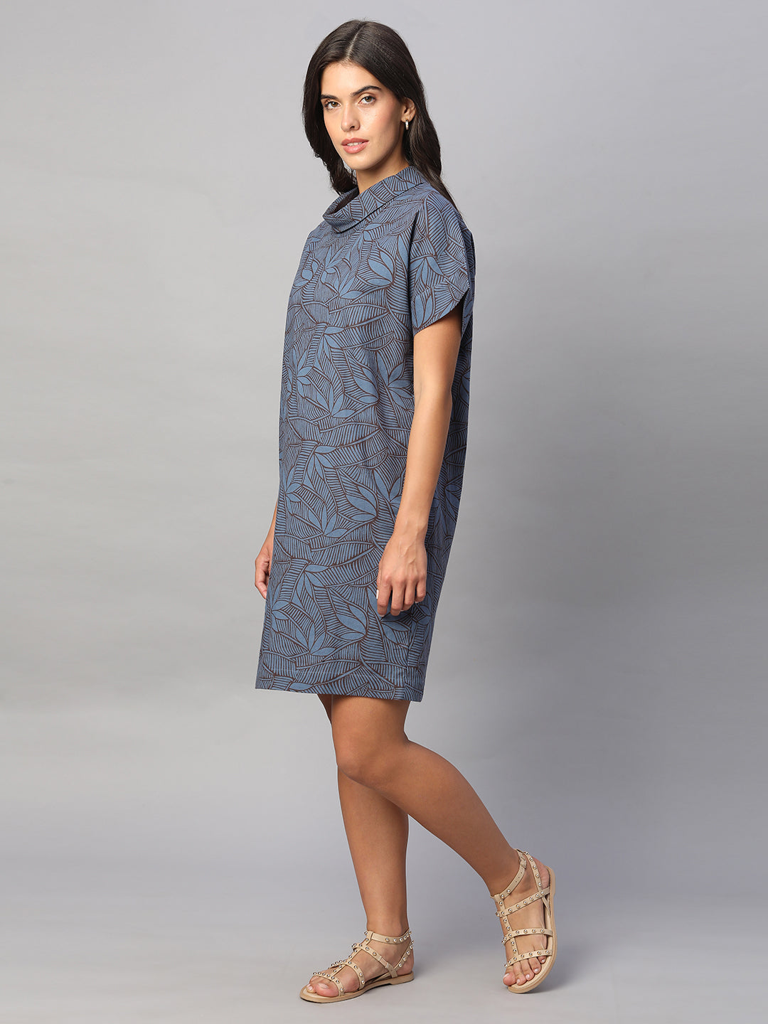Women's Blue Cotton Flax Regular Fit Dress