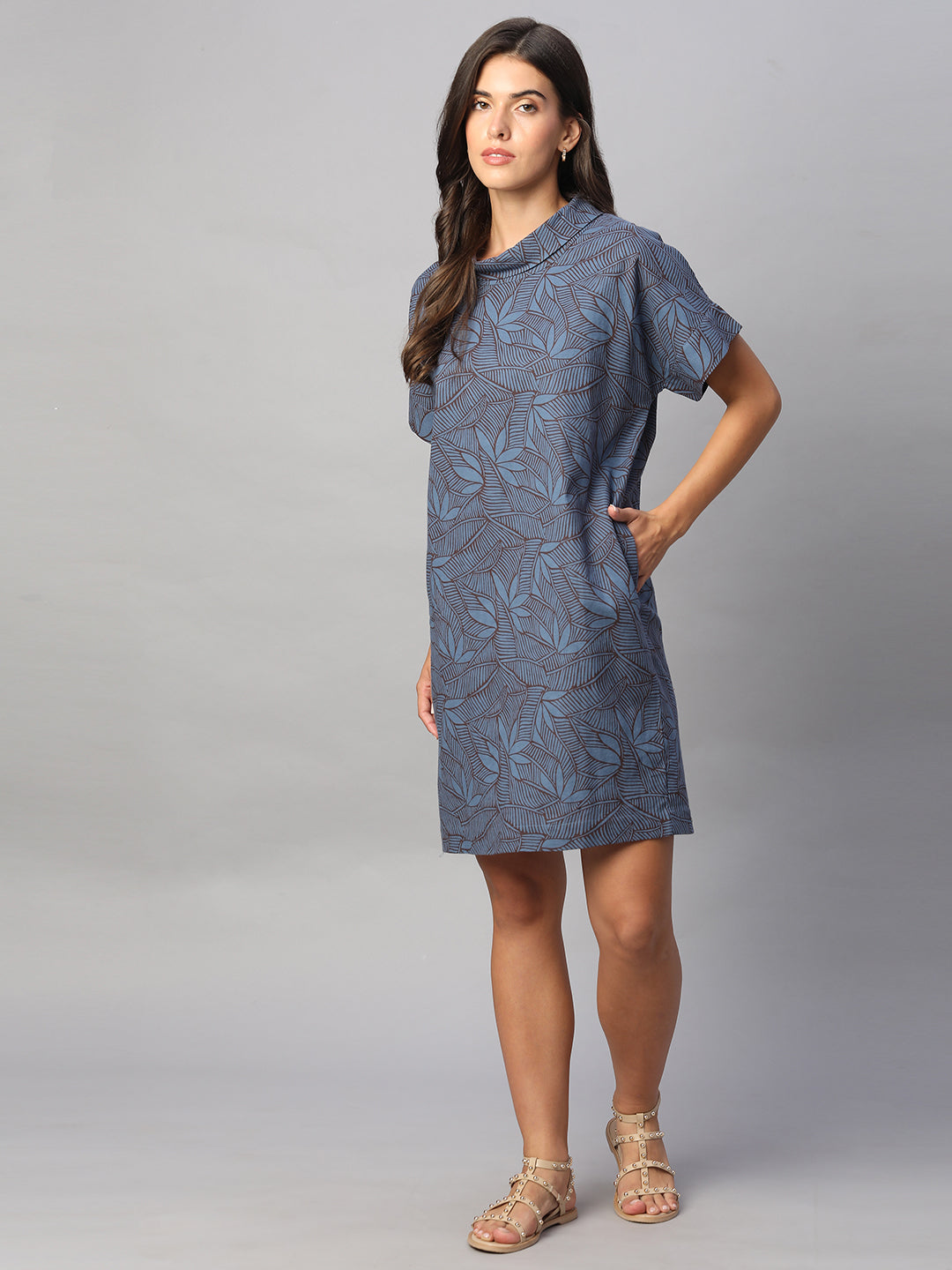 Women's Blue Cotton Flax Regular Fit Dress