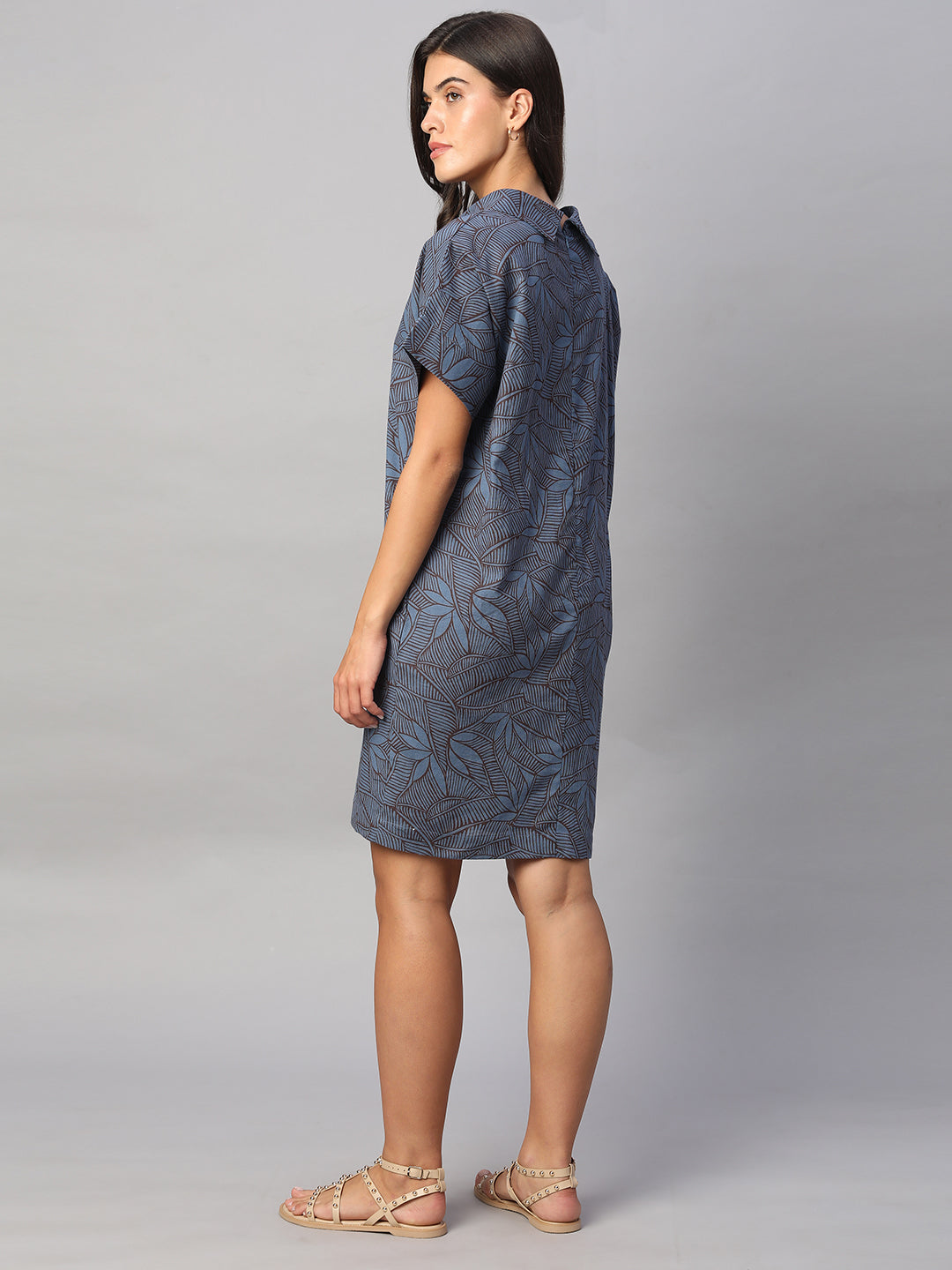 Women's Blue Cotton Flax Regular Fit Dress