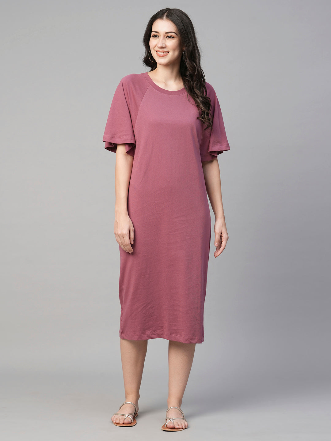 Women's Wine Cotton Loose Fit Knit Dress