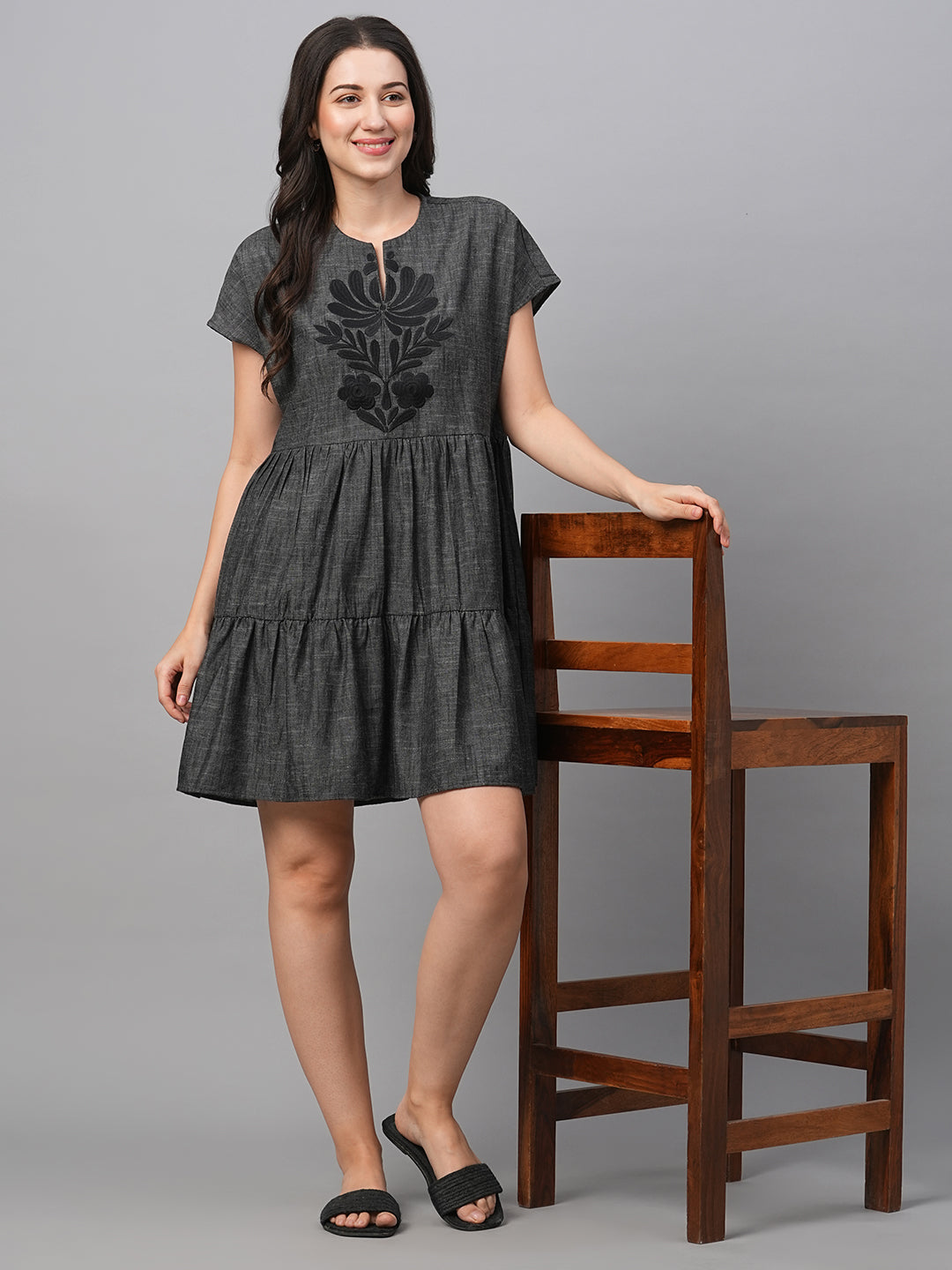 Women's Black Cotton Tiered Dress