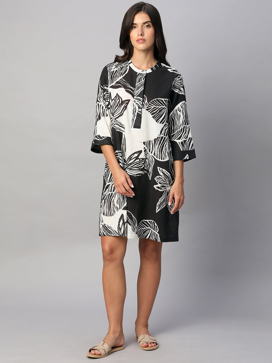 Women's White/Black Cotton Flax Regular Fit Dress