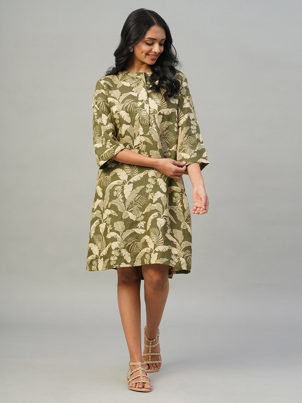Women's Olive 100% Linen Regular Fit Dress