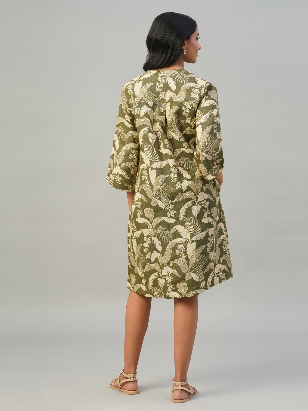 Women's Olive 100% Linen Regular Fit Dress