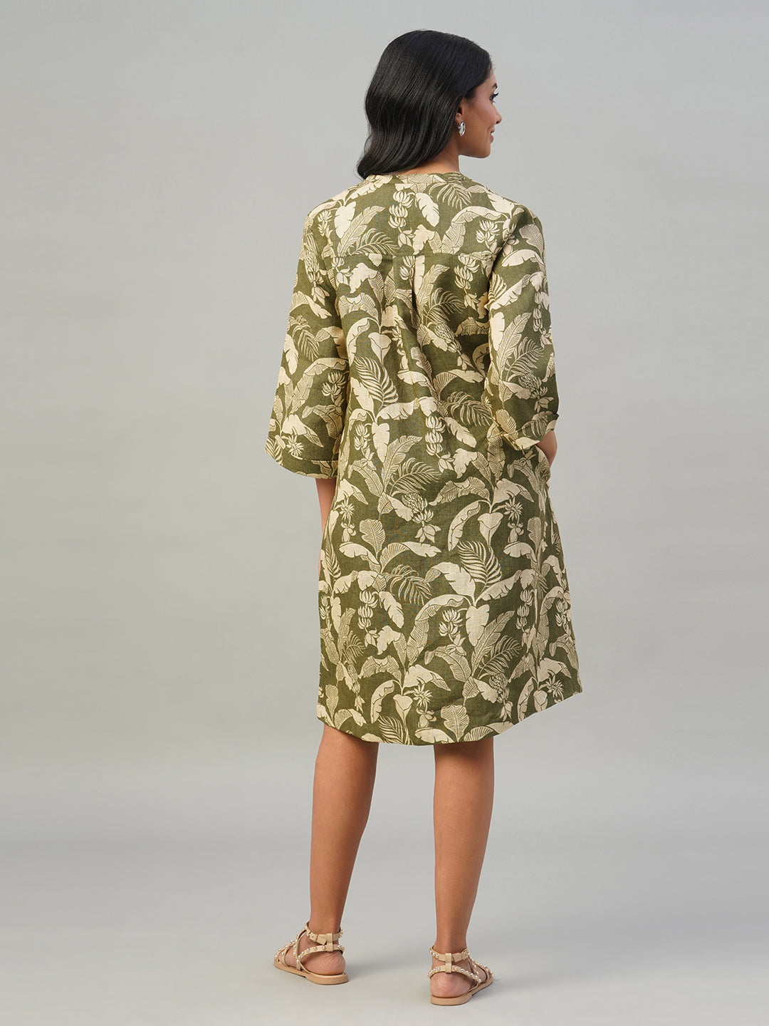 Women's Olive 100% Linen Regular Fit Dress