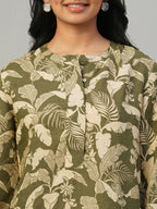 Women's Olive 100% Linen Regular Fit Dress