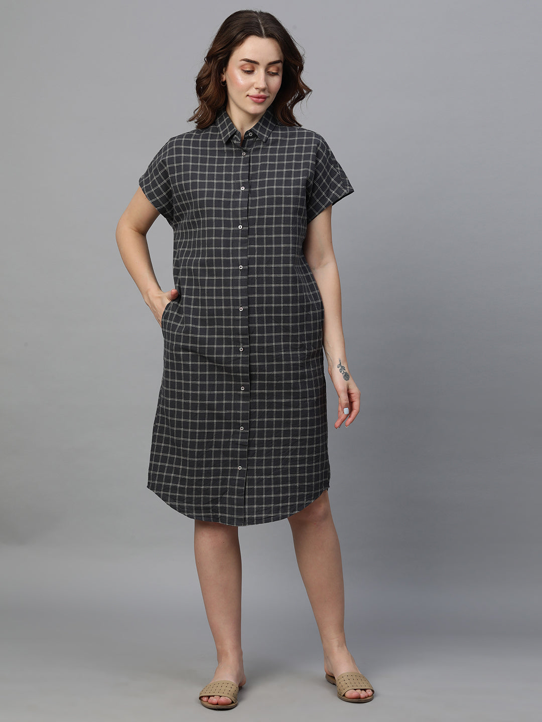 Women's Black Cotton Linen Boxy Fit Dress