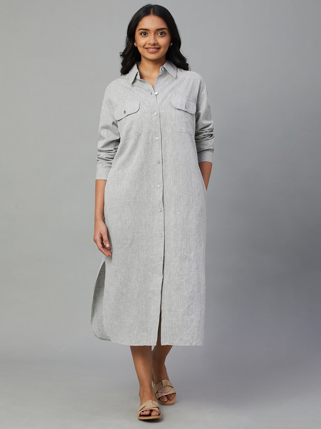 Women's Grey Cotton Linen Regular Fit Dress