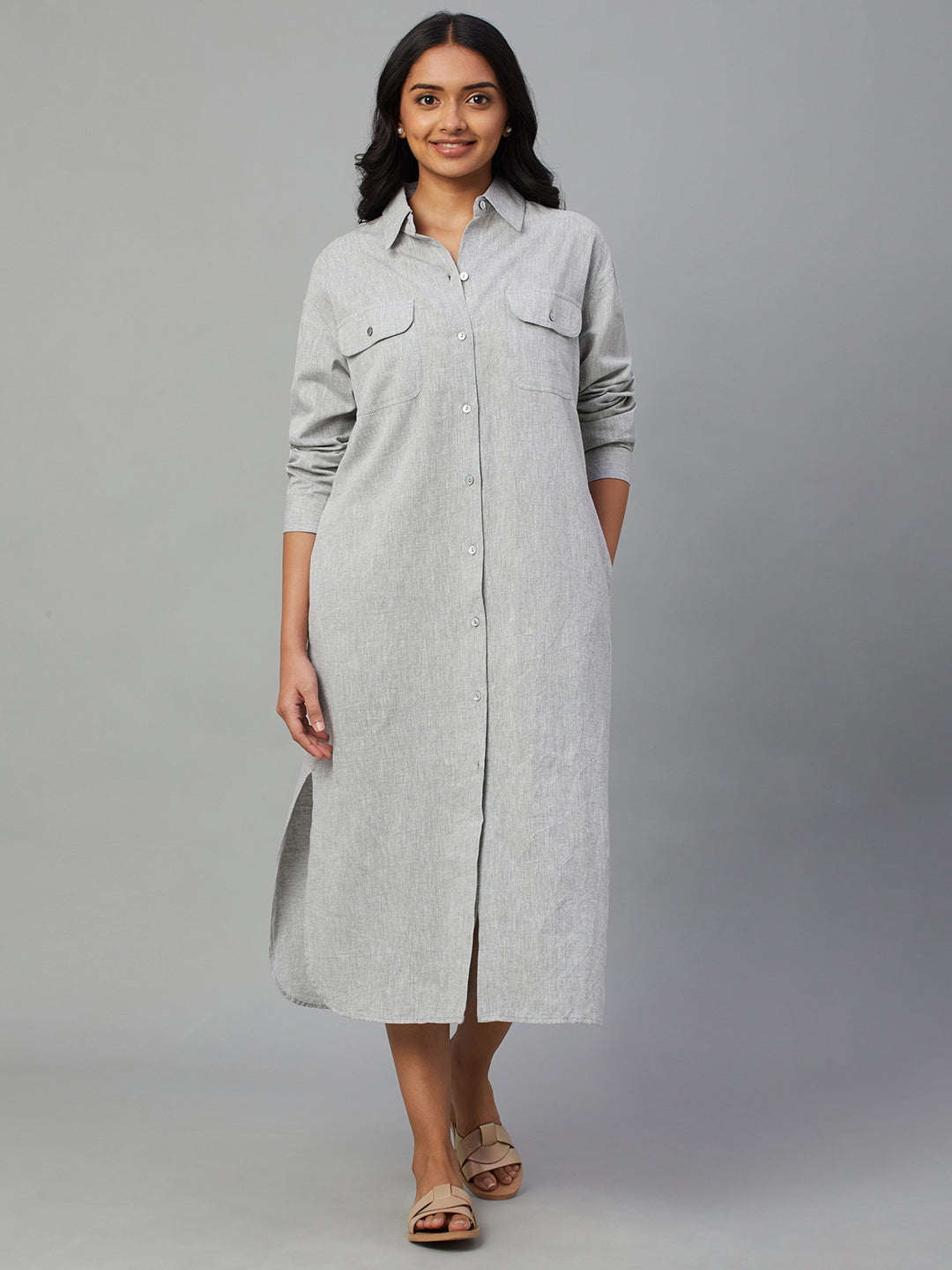 Women's Grey Cotton Linen Regular Fit Dress