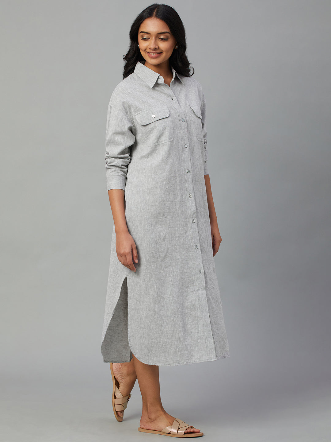 Women's Grey Cotton Linen Regular Fit Dress