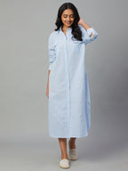 Women's Blue Cotton Linen Regular Fit Dress