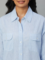 Women's Blue Cotton Linen Regular Fit Dress