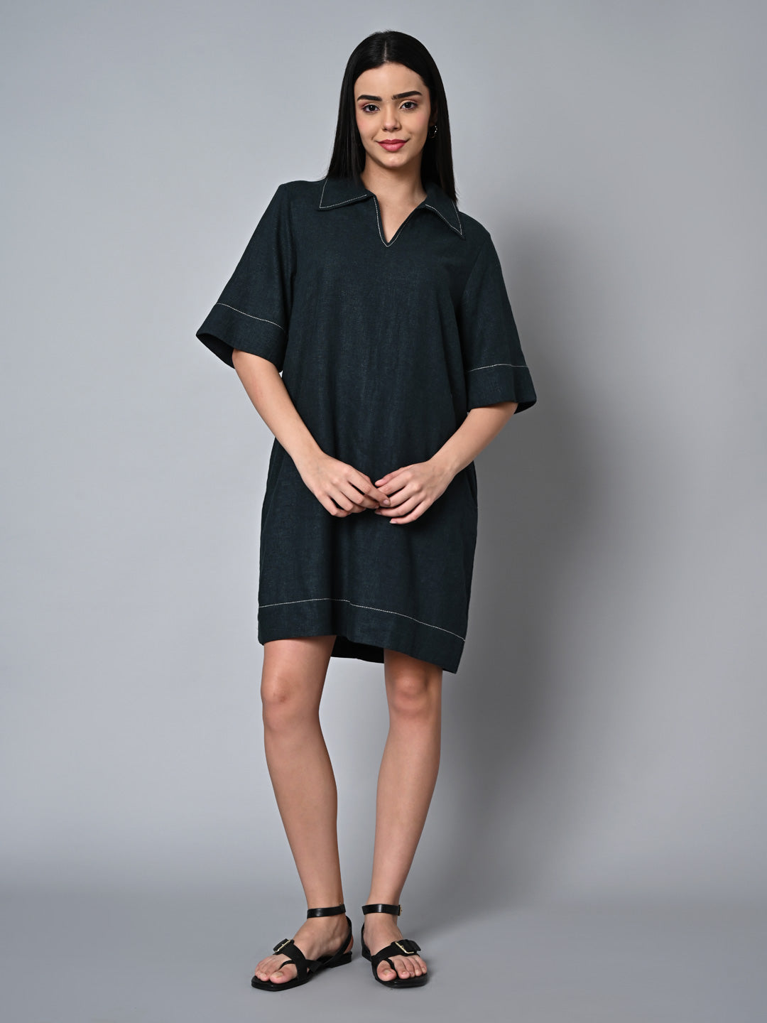 Women's Darkgreen Linen Viscose Regular Fit Dress