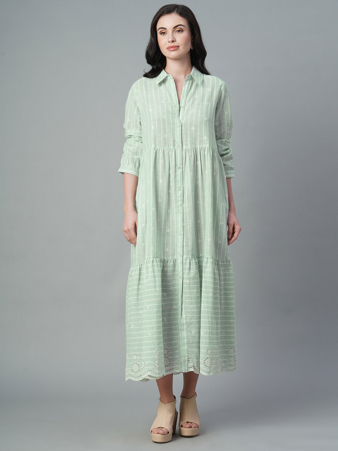 Women's Mint Cotton Flax Regular Fit Dress