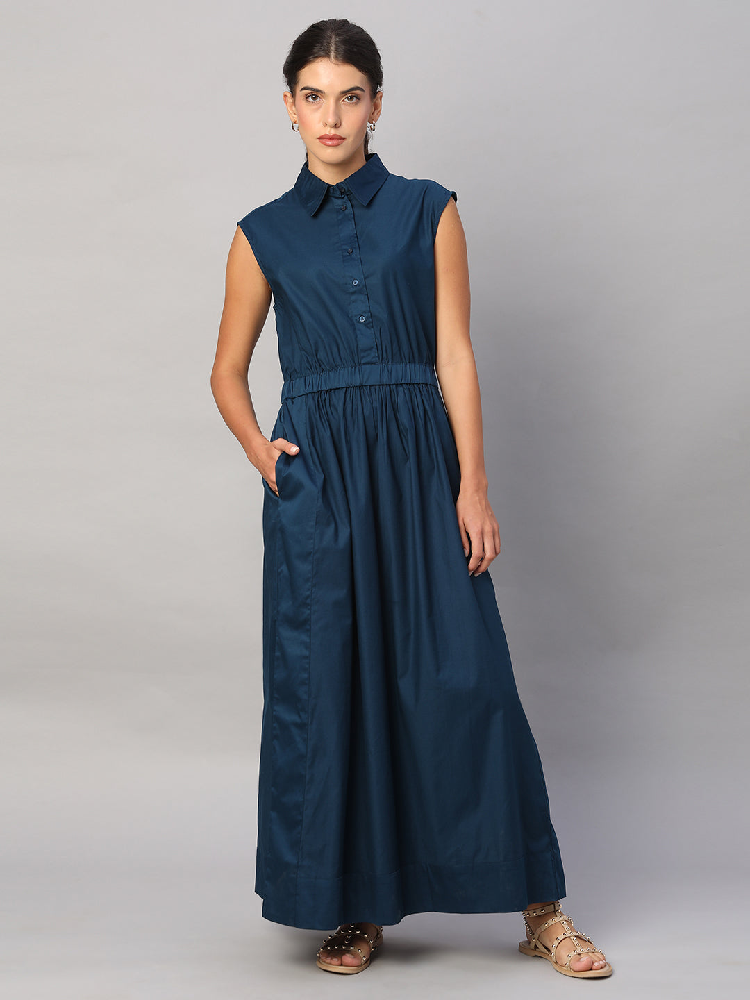 Women's Blue 100% Cotton Regular Fit Dress