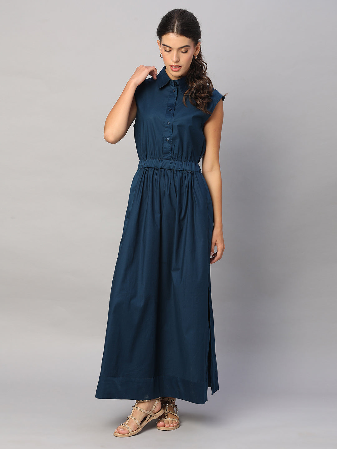Women's Blue 100% Cotton Regular Fit Dress
