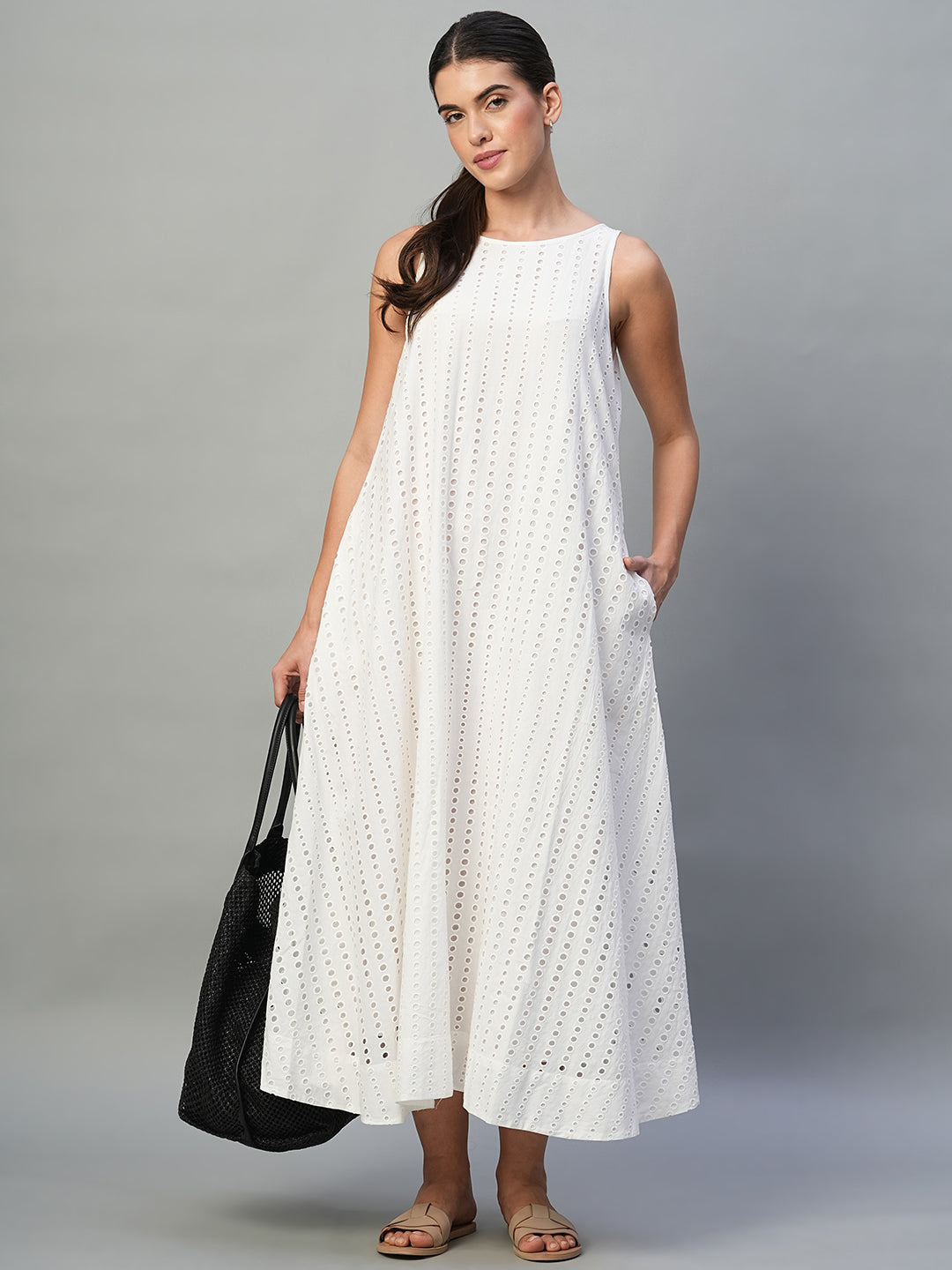 Women's White 100% Cotton Regular Fit Dress