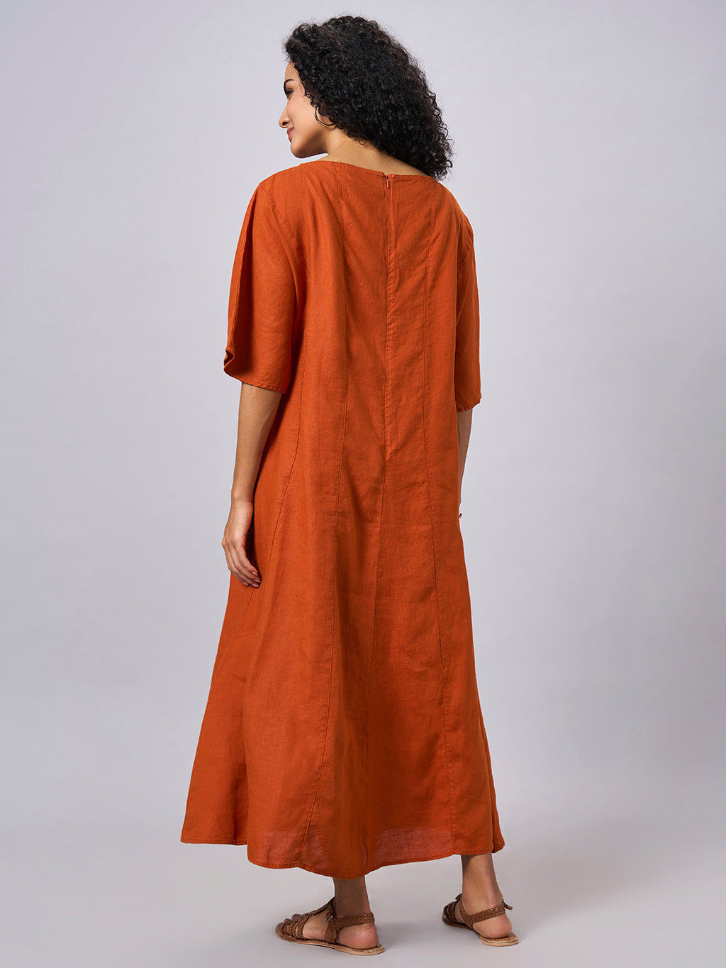 Women's Rust 100% Linen Regular Fit Dress