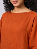 Women's Rust 100% Linen Regular Fit Dress
