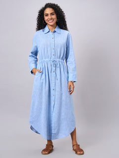 Women’s Cotton Linen Regular Fit Dress Blue