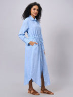 Women's Blue Cotton Linen Regular Fit Dress