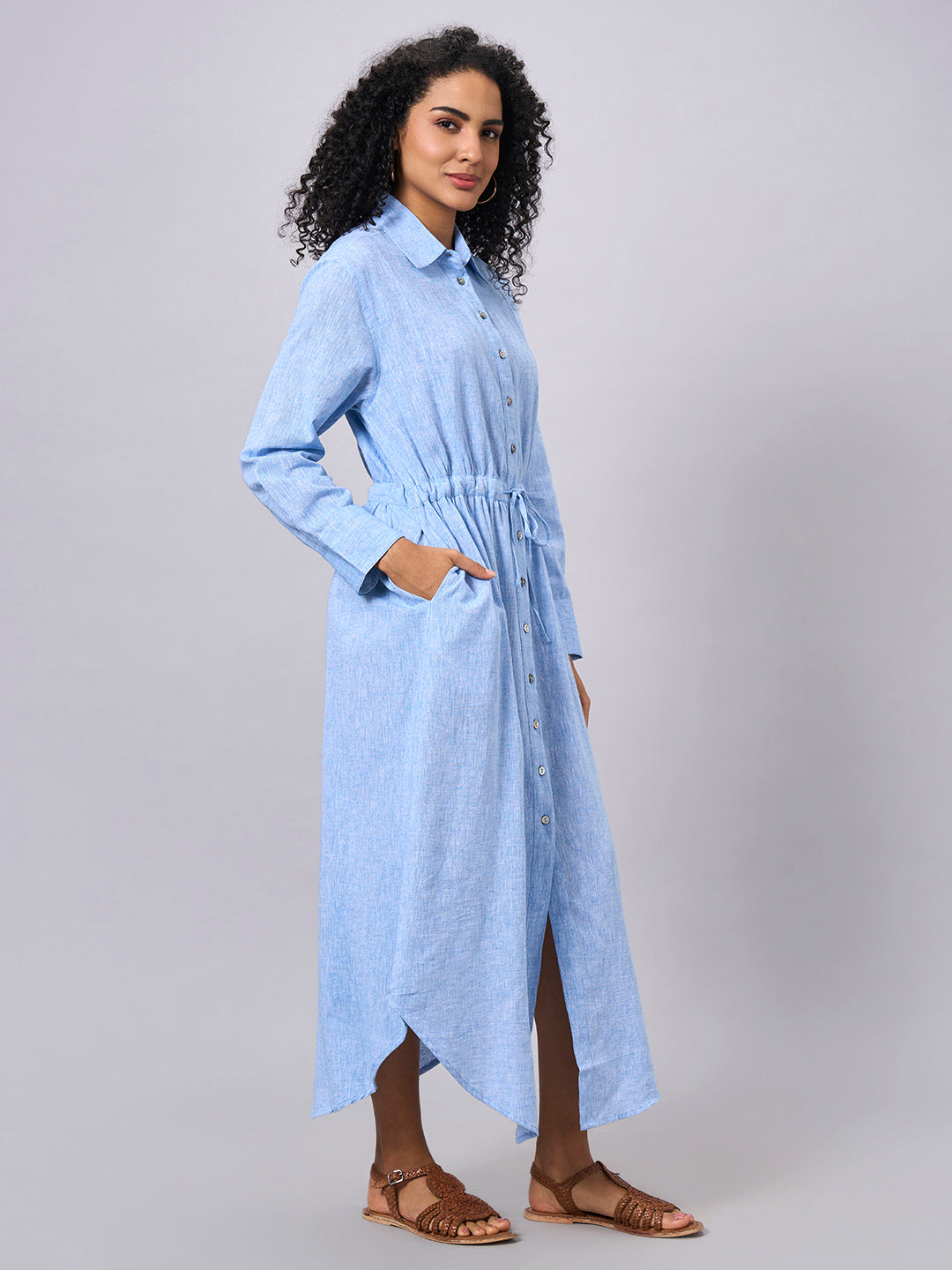 Women's Blue Cotton Linen Regular Fit Dress