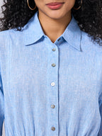 Women's Blue Cotton Linen Regular Fit Dress