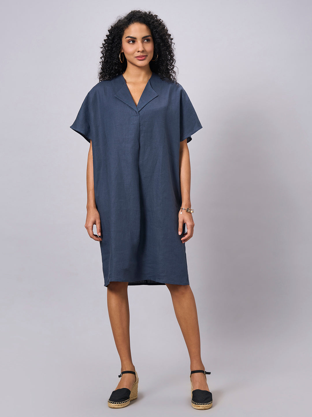 Women's Blue 100% Linen Boxy Fit Dress