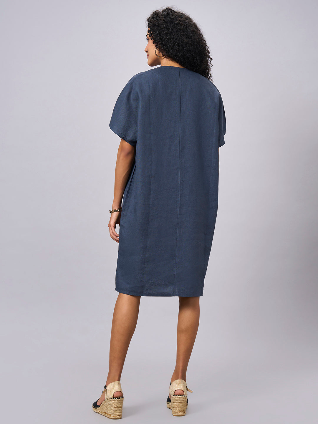 Women's Blue 100% Linen Boxy Fit Dress