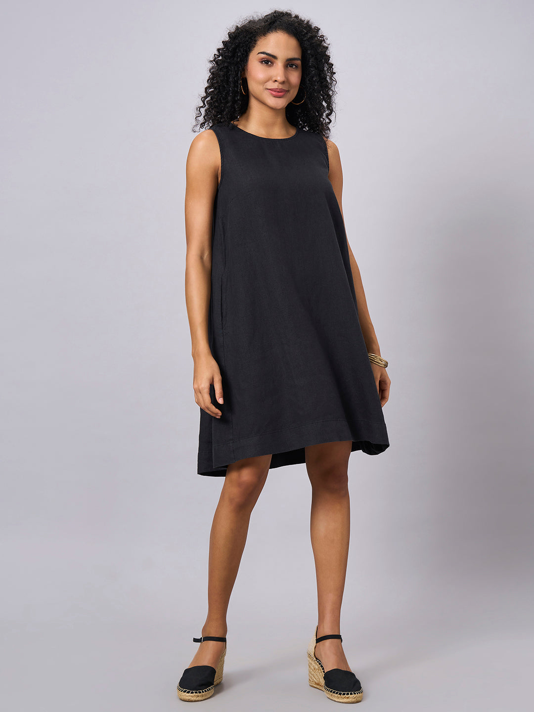 Women's Black 100% Linen Regular Fit Dress