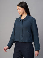 Women's Blue 100% Cotton Boxy Fit Jacket