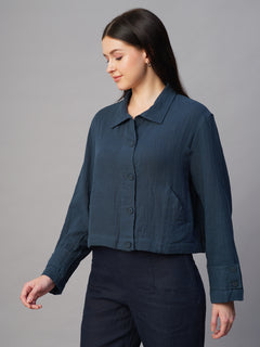 Women's 100% Cotton Boxy Fit Jacket Blue