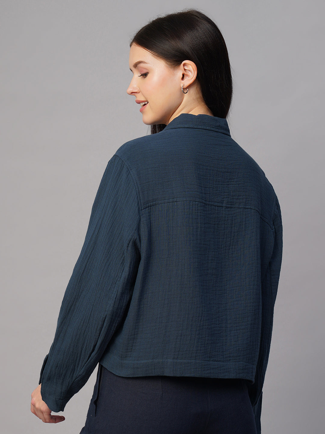 Women's Blue 100% Cotton Boxy Fit Jacket