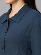 Women's Blue 100% Cotton Boxy Fit Jacket