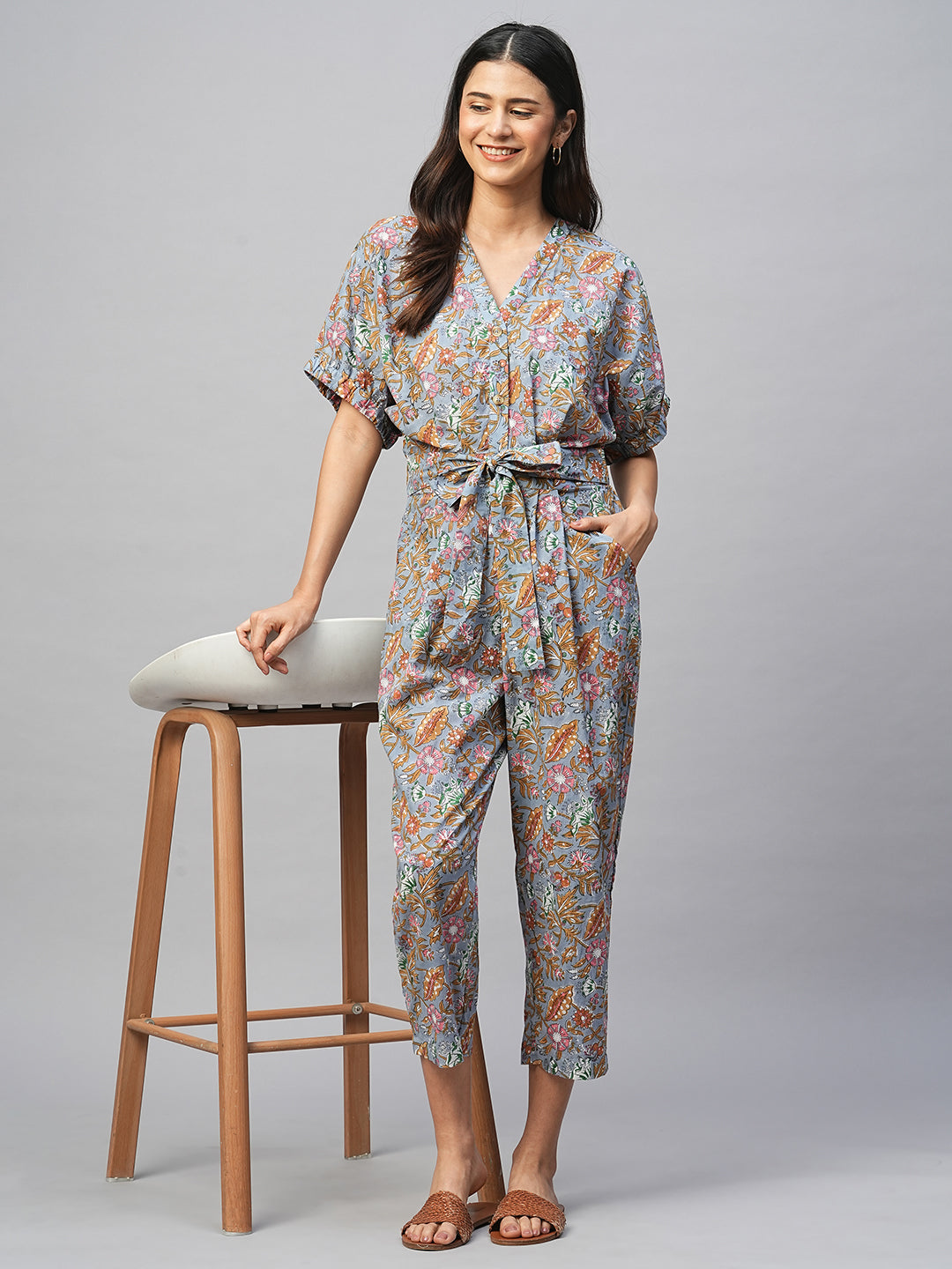 Women's Cotton Blue Regular Fit Jumpsuit