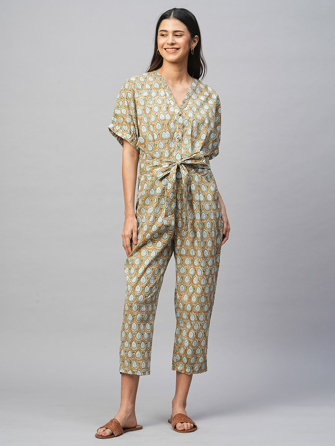 Women's Cotton Mustard Regular Fit Jumpsuit