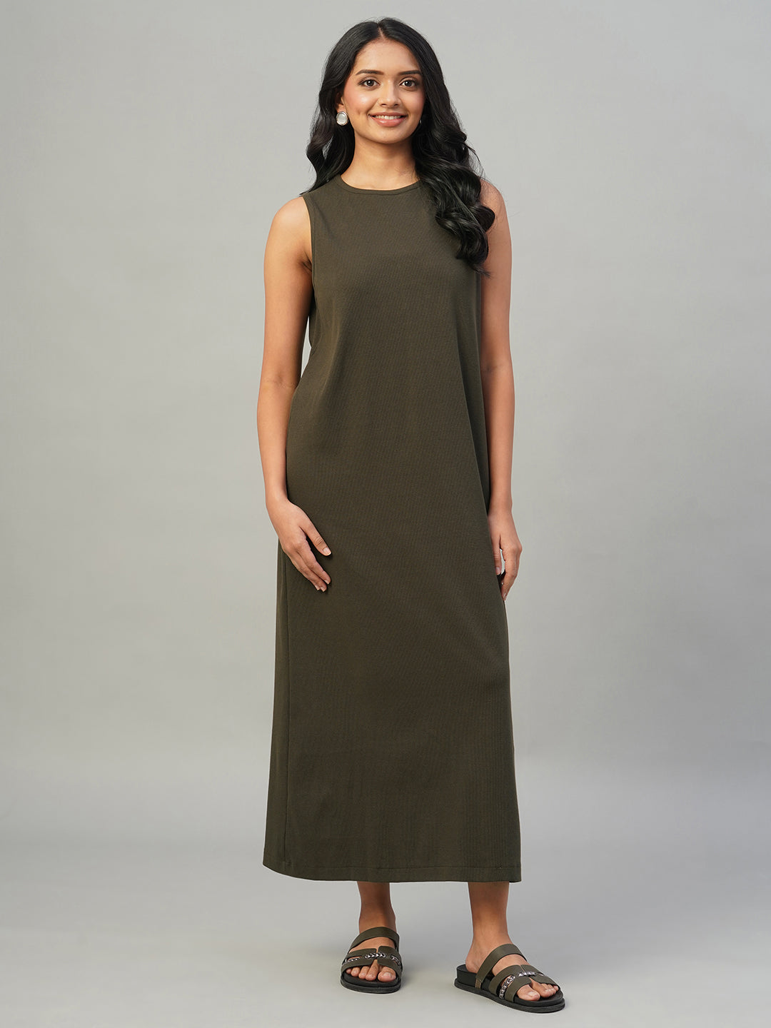 Women's Brown Cotton Elastane Regular Fit Knit dress