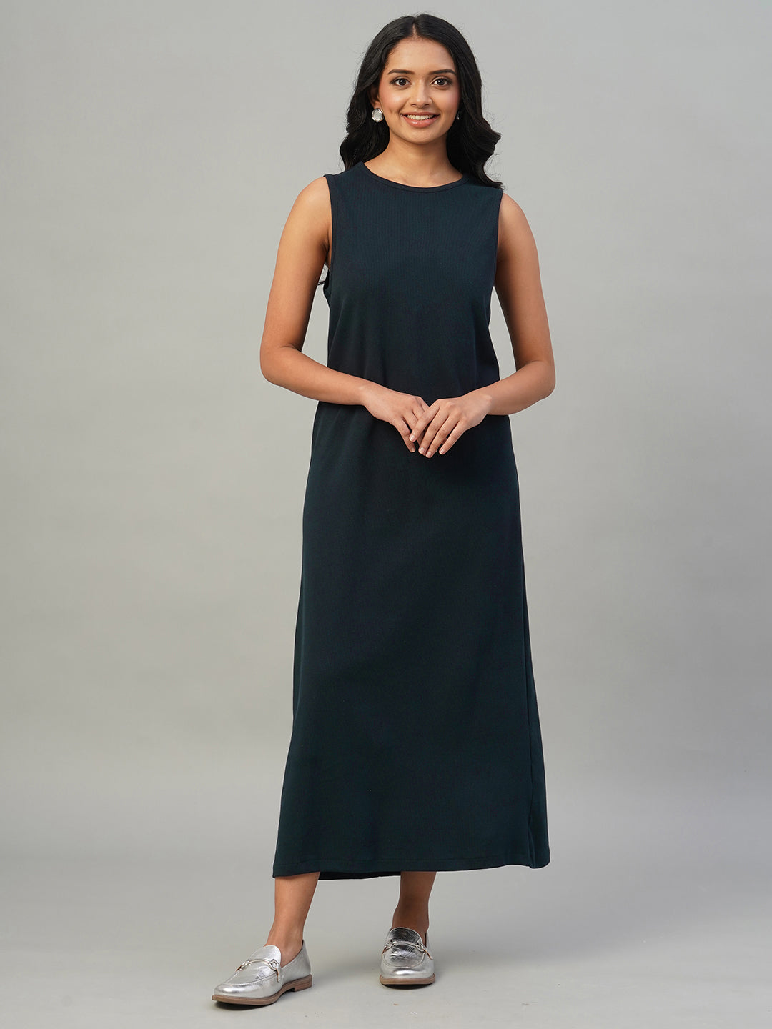 Women's Navy Cotton Elastane Regular Fit Knit Dress